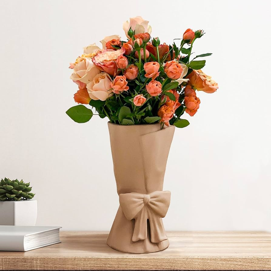 Beige Ceramic Bow Vase 9.64 in Unique Cute Modern Decorative Bouquet Flower Vases for Home Living... | Amazon (US)
