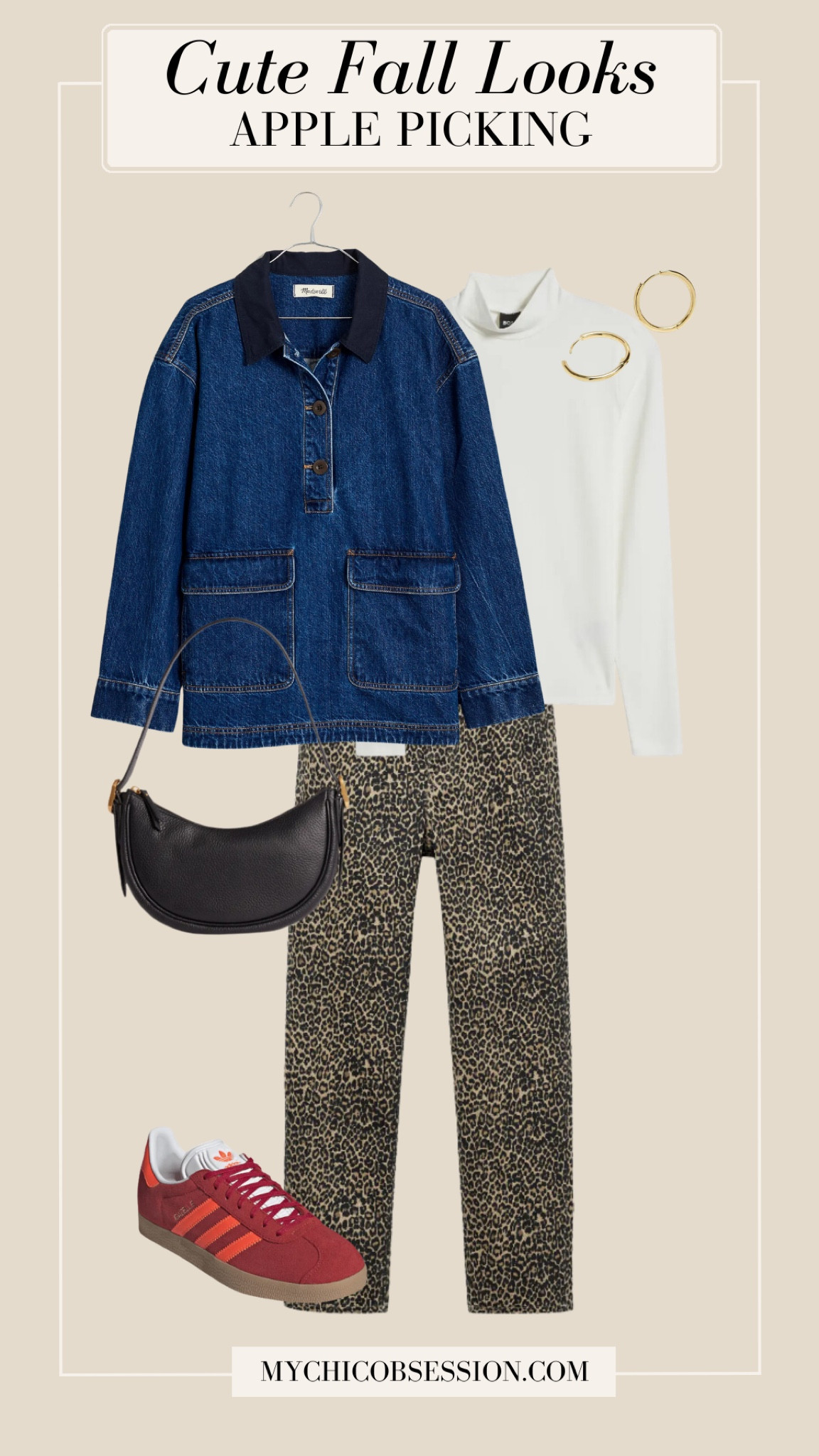 Have fun apple picking this fall in a jean pullover jacket, a white turtleneck, and leopard print jeans. Accessorize with a leather crescent bag, gold hoops, and colorful Adidas Gazelle sneakers.

#LTKSeasonal #LTKStyleTip