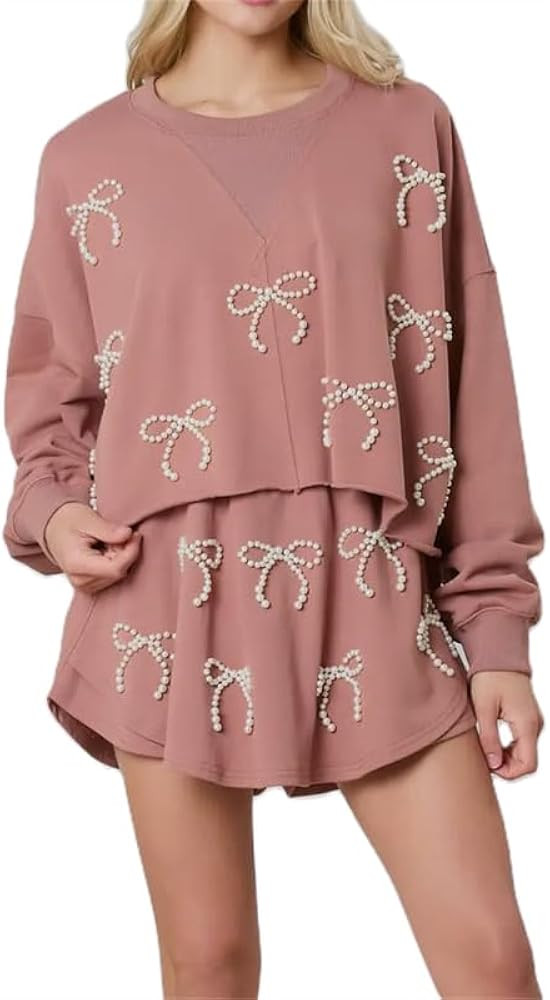 Thopavenoir Women 2 Piece Pearl Bow Sets Long Sleeve Cropped Sweatshirt + Wide Leg Elastic Waist ... | Amazon (US)