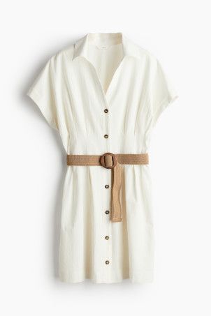 Shirt Dress with Belt - V-neck - Short sleeve - White - Ladies | H&M US | H&M (US + CA)