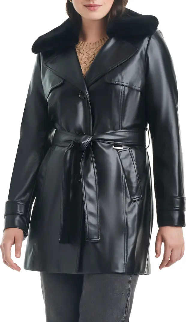 Belted Faux Leather Jacket with Removable Faux Fur Collar | Nordstrom