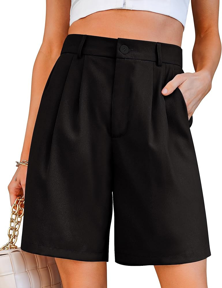 luvamia Bermuda Shorts for Women Dressy Casual High Waisted Summer Work Elastic Waist Pleated Dre... | Amazon (US)