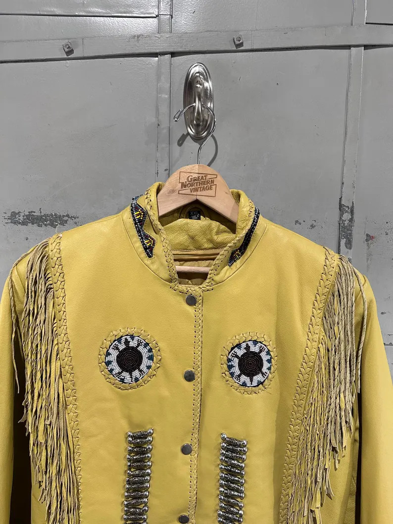 Vintage 90s Yellow NWT Western Tassel Beaded Pearl Abstract Women's Quilted Lined Biker Leather J... | Etsy (Global)