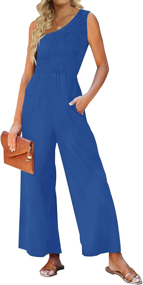 ZESICA Women's 2024 Summer Casual One Shoulder Sleeveless Smocked High Waist Loose Wide Leg Jumps... | Amazon (US)