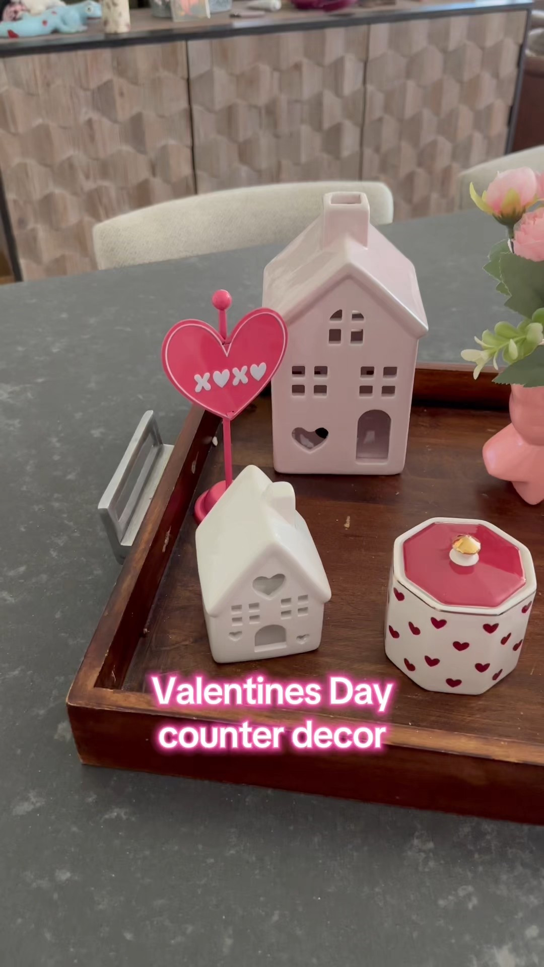 I love to create little scenes in my home related to the season.
Here is my Valentines Day countertop decor. The little ceramic houses are from Walmart and the little jars with the hearts were thrifted so I can't link those.
The little ceramic pink bow and the flowers in it are from Amazon.
##valentinesdaydecorc#countert opdecorh#homedecorideas

#LTKmomlife #LTKSeasonal #LTKHome