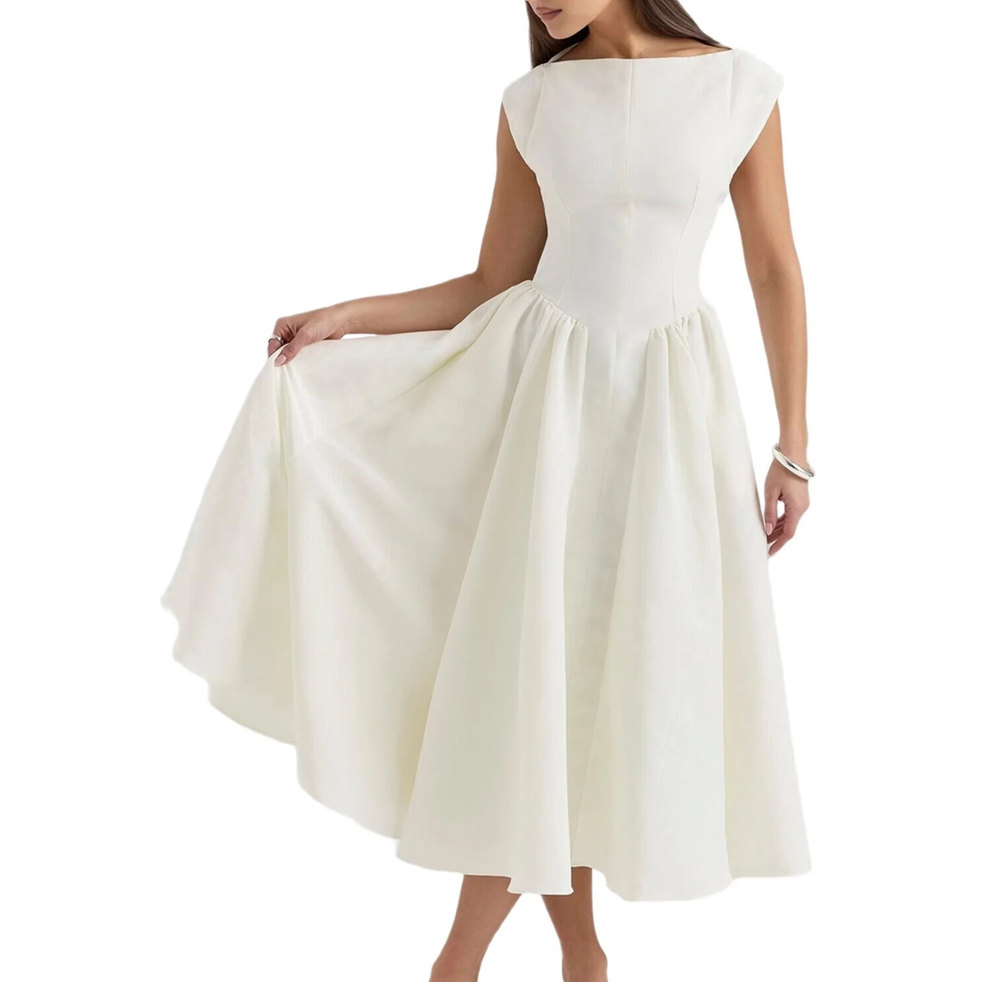 Women'S Corset Midi Dress Casual Flowy A Line Boat Neck Wedding Guest Dresses with Pockets Cream ... | Walmart (US)