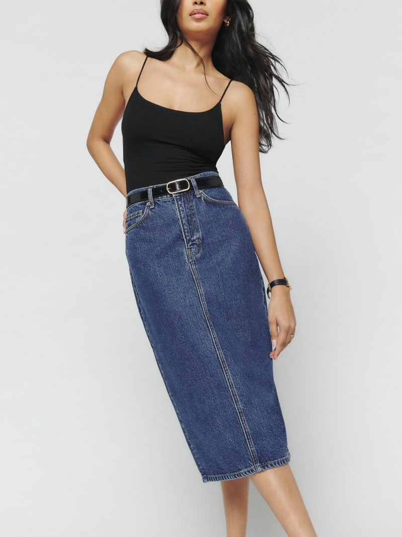 Jayde High Rise Denim Midi Skirt | Reformation (Global)