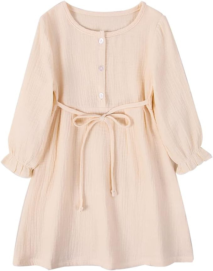 GLIGLITTR Toddler Baby Girl Cotton Linen Dress Long Sleeve Crew Neck Dresses Button Down Sundress... | Amazon (US)