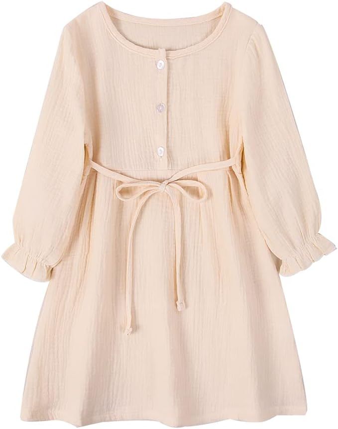 GLIGLITTR Toddler Baby Girl Cotton Linen Dress Long Sleeve Crew Neck Dresses Button Down Sundress... | Amazon (US)
