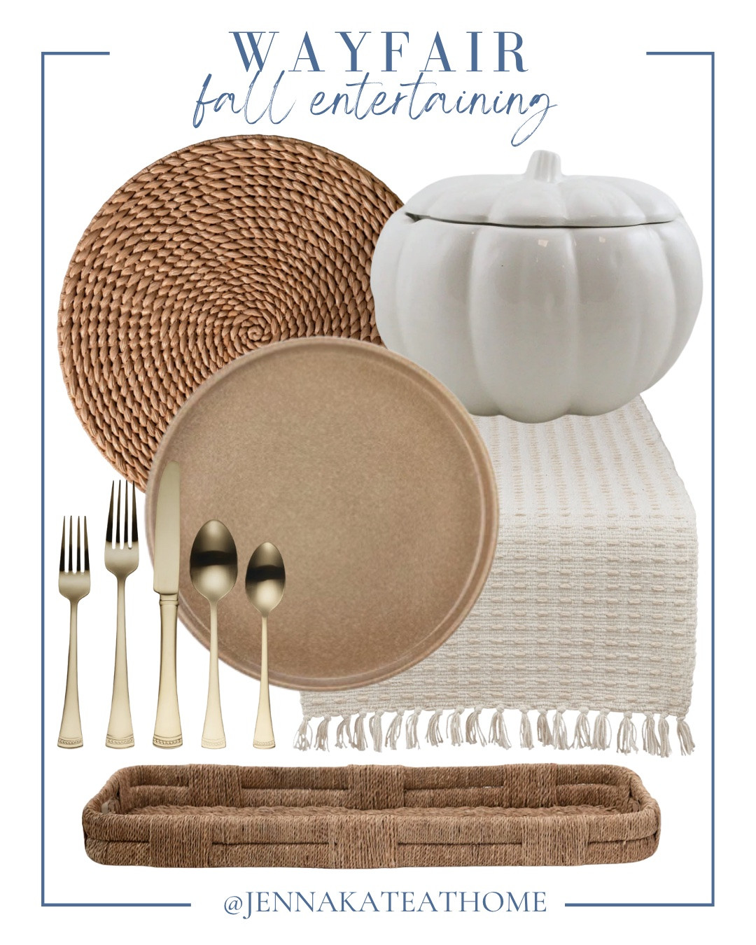 Wayfair fall entertaining includes tray, table runner, pumpkin serving dish, plates, charger, and gold flatware.

Fall entertaining, fall kitchen, looks for less, coastal home

#LTKSaleAlert #LTKHome #LTKSeasonal