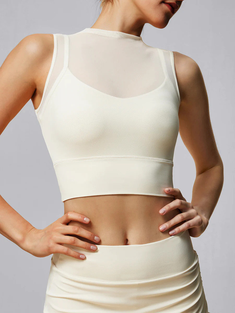 Cream Mesh Panel Mock Neck Tank Top & Reviews - Cream - Sustainable Yoga Tops | BERLOOK | BERLOOK
