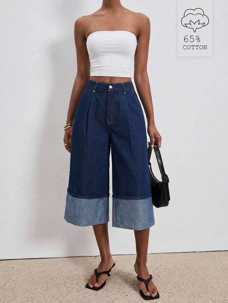 Denim shorts, fold - over hem loose fit  | SHEIN
