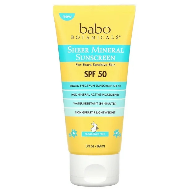 Sheer Mineral Sunscreen, SPF 50, Fragrance Free, 3 fl oz (89 ml), Babo Botanicals | Walmart (US)
