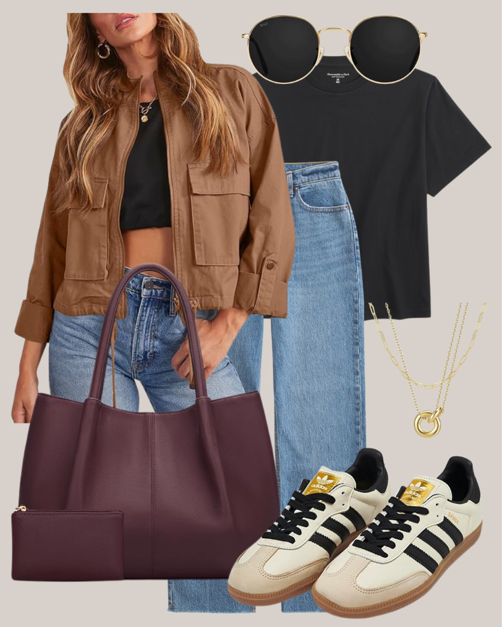 Brown cropped jacket
Black t-shirt
Gold round sunglasses
Burgundy tote bag
Gold layered necklace
Adidas Sambas shoes
Casual outfit
Casual spring outfit
Weekend outfit
Amazon outfit
Amazon fashion

#LTKStyleTip #LTKSeasonal #LTKWatchNow