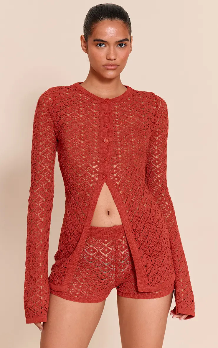 Rust Crochet Knit Long Sleeve Cardigan | PrettyLittleThing US