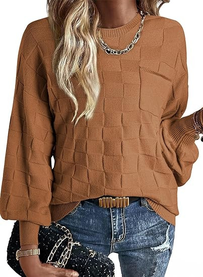 SHEWIN Womens Sweaters 2024 Casual Crewneck Long Sleeve Lightweight Checkered Knit Knit Pullover ... | Amazon (US)