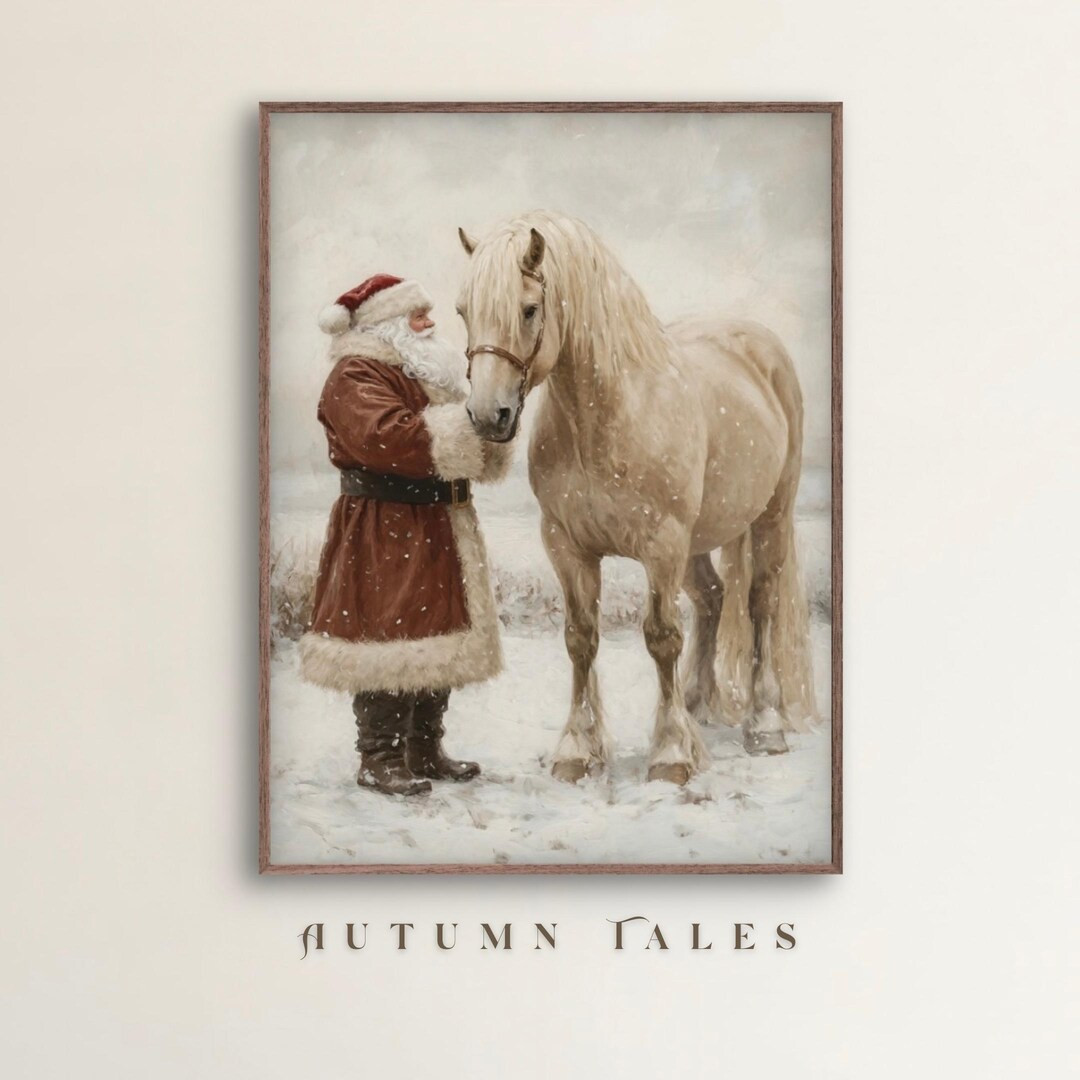 Vintage Santa & Beige Clydesdale Horse Christmas Wall Art Print, Moody Winter Christmas Wall Deco... | Etsy (US)