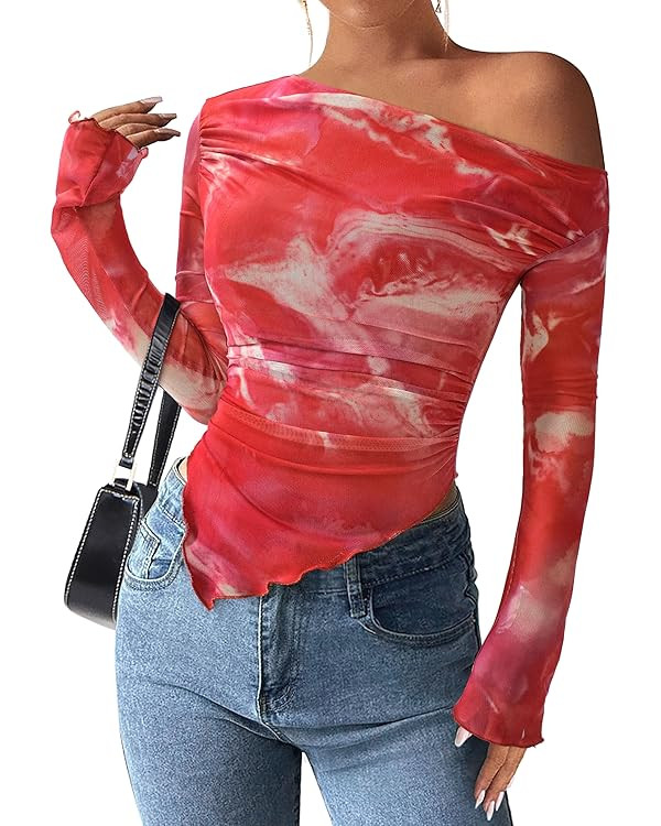 PRETTYGARDEN Womens Fall Trendy Off Shoulder Y2k Tops 2025 Tie Dye Mesh Long Sleeve Shirts Asymme... | Amazon (US)