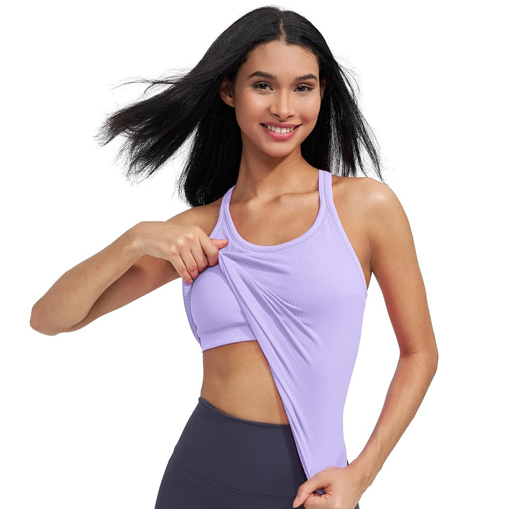 Ribbed Workout Short Racerback Tank Tops for Women with Built in Bra | Amazon (US)