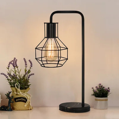 Cage Shade Bedside Lamp Bedside Lamp For Bedroom Office University Dormitory Marble Base Black | Wayfair North America