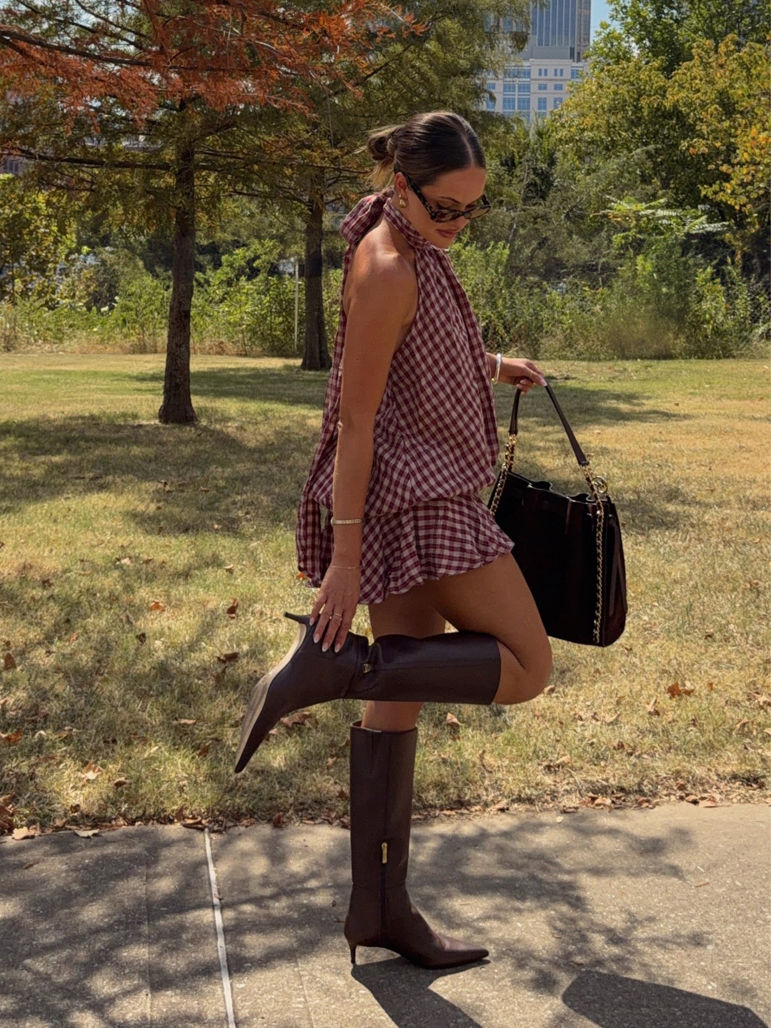 Fall outfit idea with the perfect boots on major sale! The brown leather Nalia kitten heel boots,  the Mina large suede chain shoulder bag and the two toned watch are all on major sale at @michaelkors-us michaelkors-us us 😍 the boots are TTS! #MKpartner #michaelkors

#LTKootd #LTKSeasonal #LTKSaleAlert