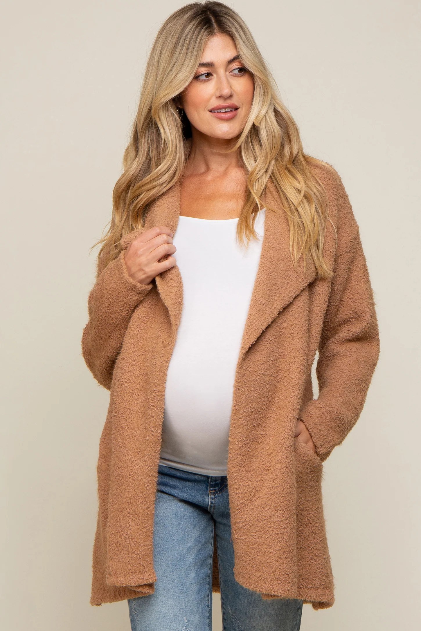 Camel Fuzzy Knit Draped Maternity Cardigan | PinkBlush Maternity