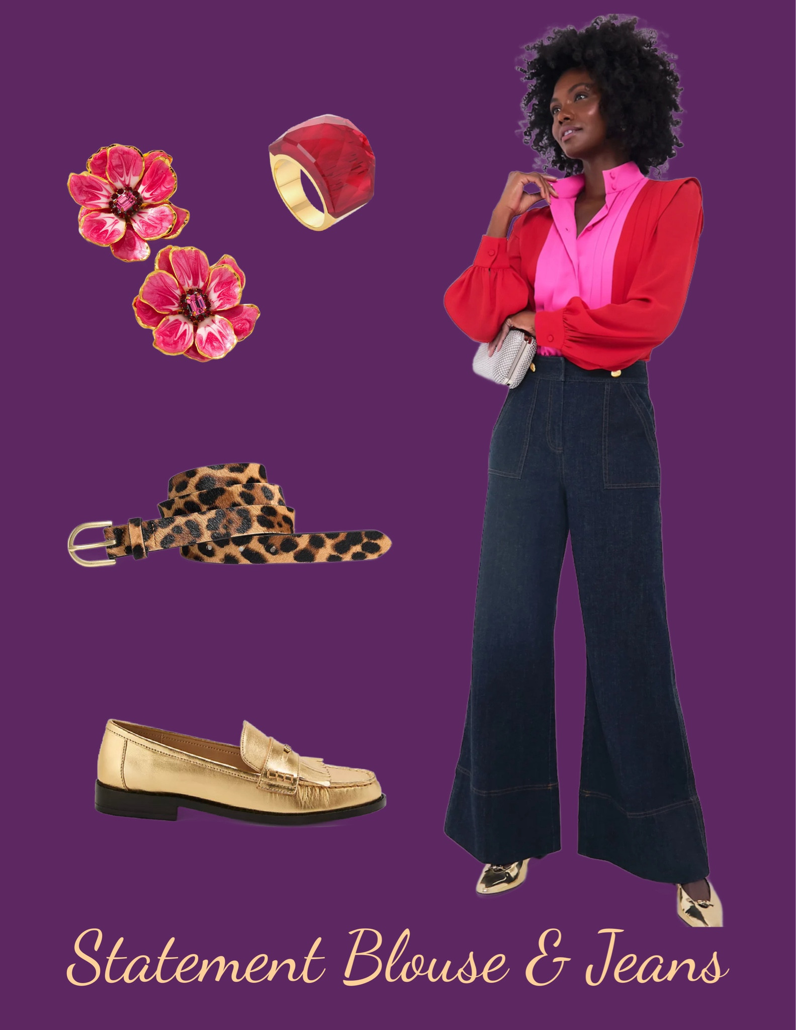 Who says you need to wear autumnal colors for Thanksgiving? Add color and whimsy to denim trousers with a two tone blouse, comfy yet chic gold loafers, and creative accessories. As for the belt? Leopard is a neutral! I link to other blouse and jeans I think perfect for the holiday 

#LTKMidsize #LTKFindsUnder100 #LTKStyleTip