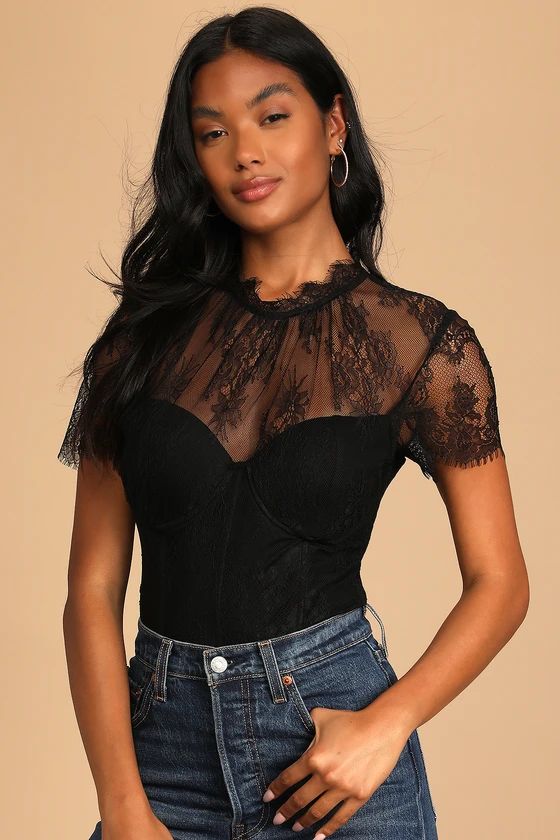 Alluring Charisma Black Lace Bustier Short Sleeve Bodysuit | Lulus (US)