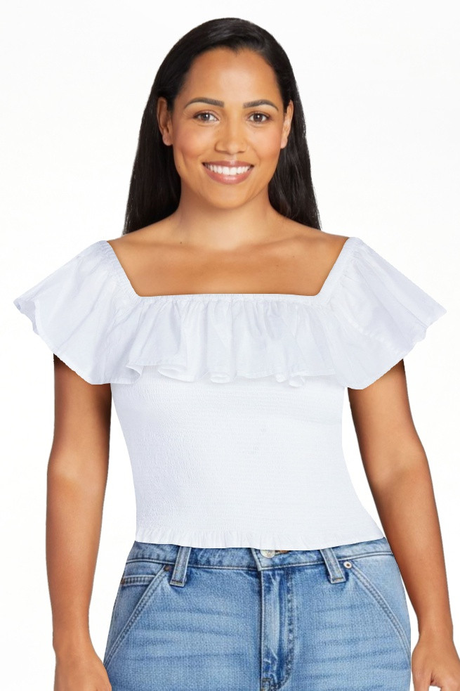 Scoop Women\u2019s and Women\u2019s Plus Off-the-Shoulder Smocked Ruffle Cotton Top, Sizes XS-4X | Walmart (US)