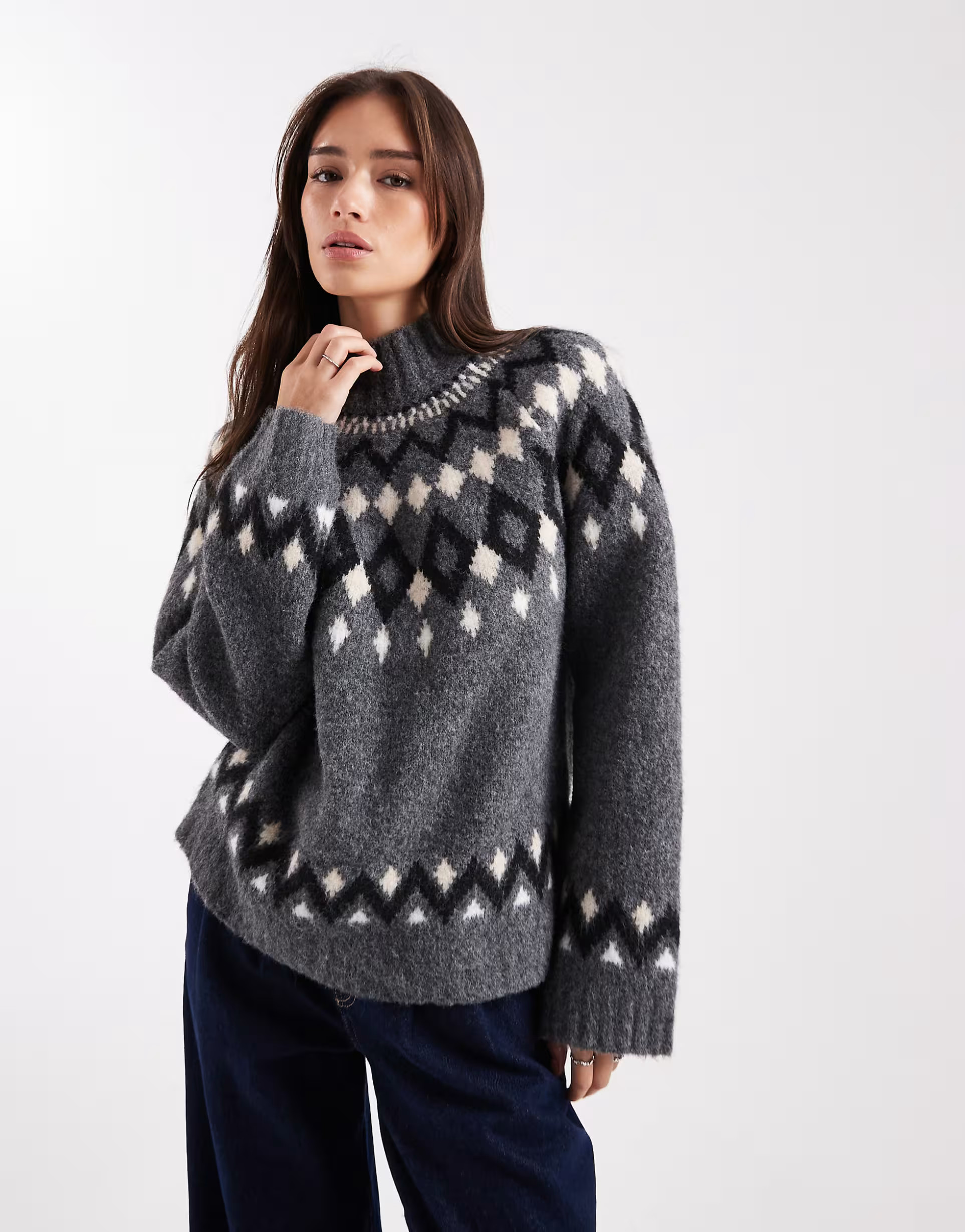 ASOS DESIGN fairisle funnel neck jumper in grey | ASOS | ASOS (Global)