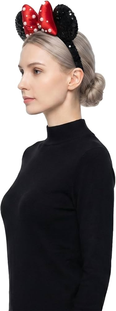 JIAHANG 3D Velvet Mouse Ears Headband with Pearls Beads, Red Bow Hairband, Park Party Headwear fo... | Amazon (US)