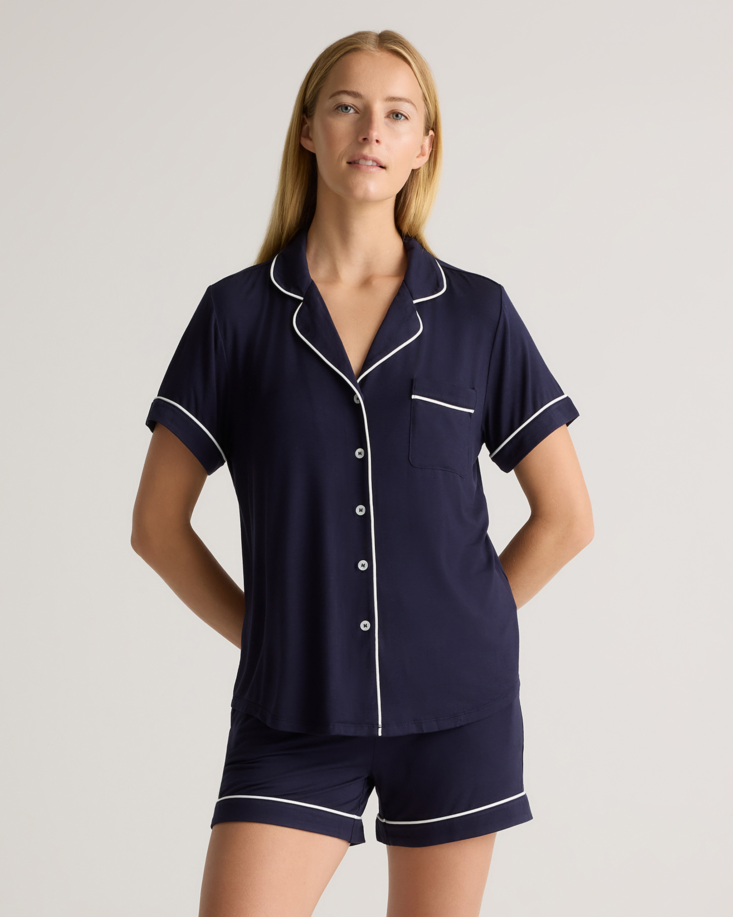 Quince | Women's Bamboo Jersey Short Sleeve Pajama Set in Deep Navy, Size Large | Quince