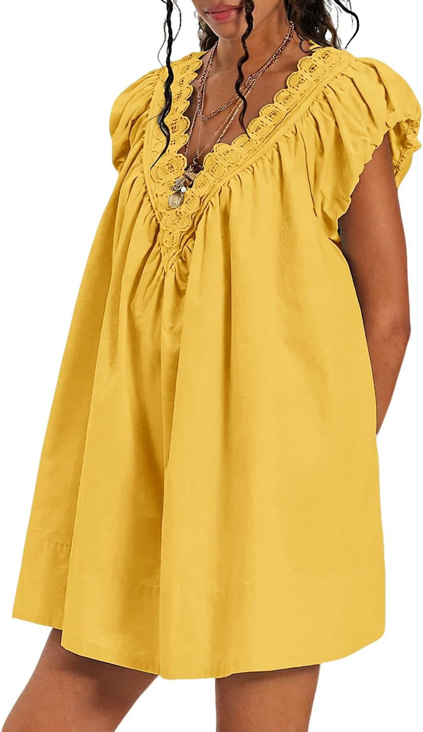 OWNGIGI Women's Summer Dresses 2026 V Neck Scalloped Trim Puff Sleeve A Line Casual Party Dress with Pockets | Amazon (US)