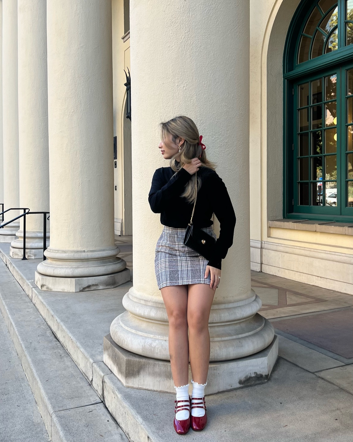 Black turtle neck in small, mini plaid brown skirt in medium, ruffle socks and red mary janes heels in 6.5 

#LTKHoliday #LTKSeasonal