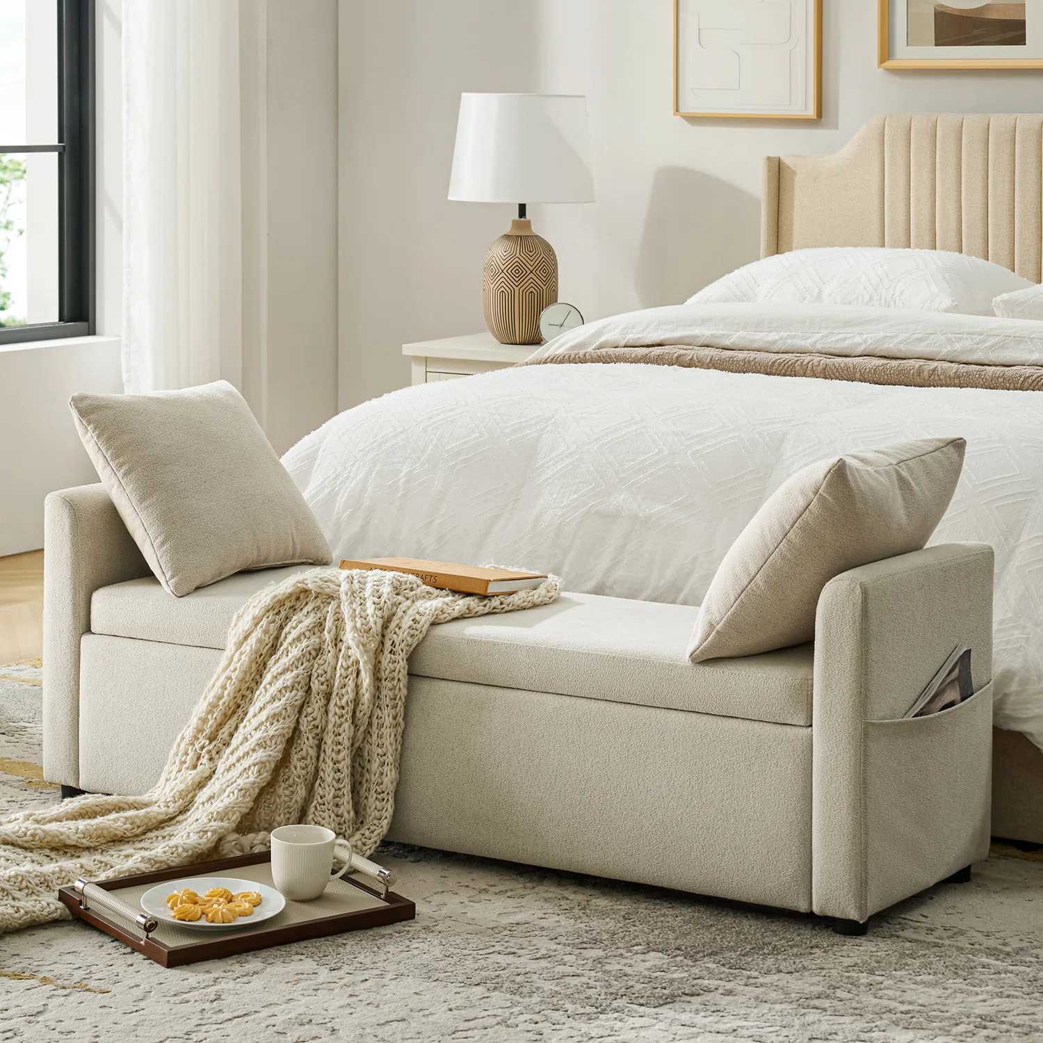 Patrece 59"W Modern Storage Bench with Two Pillows and Pocket | Wayfair North America