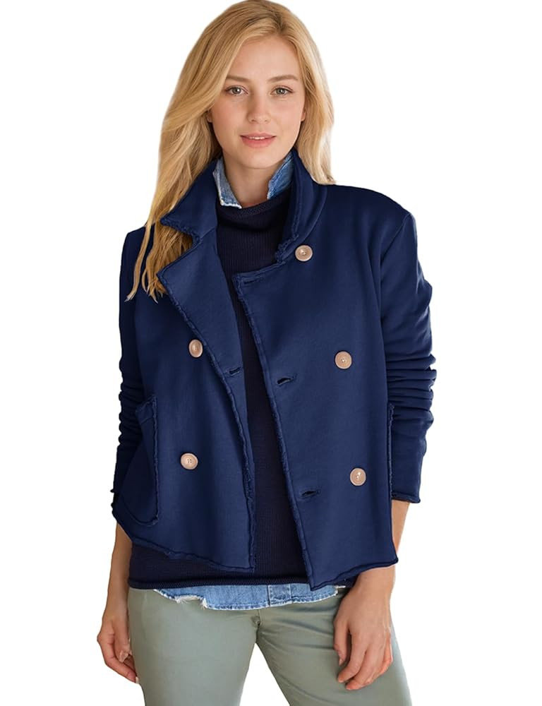 Women's Cropped Pea Coat Notched Lapel Double Breasted Trench Overcoat Blazer Jacket with Pockets | Amazon (US)