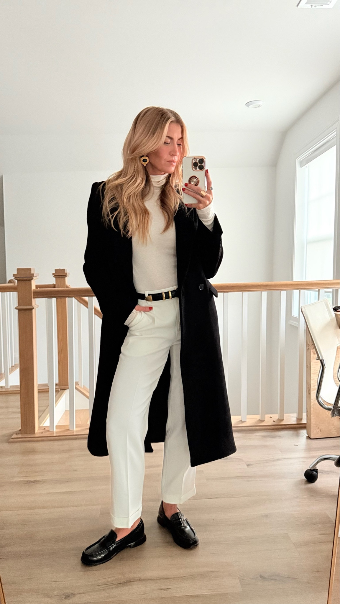 Cream and black nighttime look. 
Cream turtleneck: wearing a S, runs TTS
Cream trousers: wearing a 2, runs TTS
Loafers: run TTS (insanely comfortable) 

#LTKBeauty #LTKStyleTip #LTKSeasonal