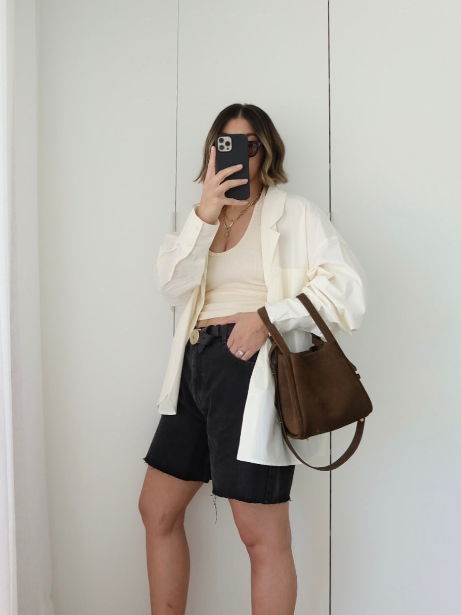 Casual postpartum ootd that feels like me. DISSH outfit + SONGMONT top handle bag 

Shirt - size 10 (very oversized)
Shorts - size 14 (could have sized down to a 12) 
Tank - medium 

#LTKsummer #LTKmidsize #LTKaustralia