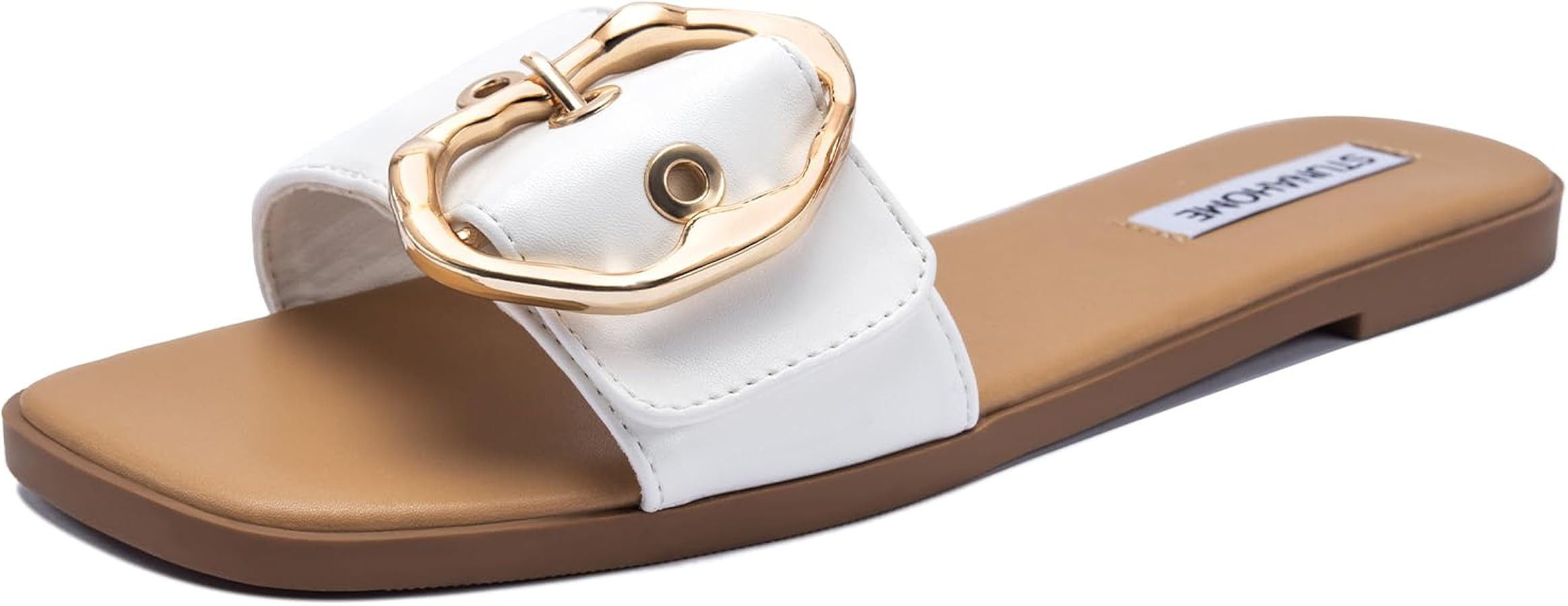 STUNAHOME Flat Sandals Women Fashion Slides With Soft Leather Paired with Metal buckle Slippers | Amazon (US)