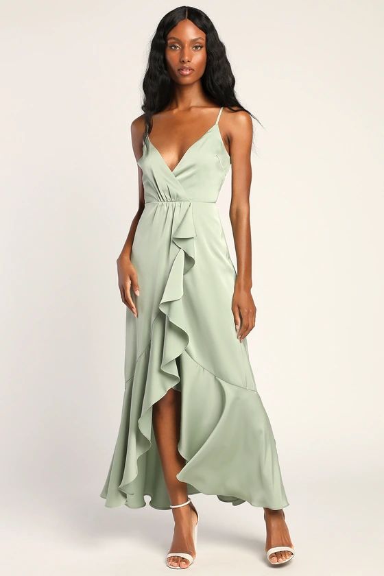 Enchanted Moments Sage Green Satin Ruffled High-Low Dress | Lulus (US)