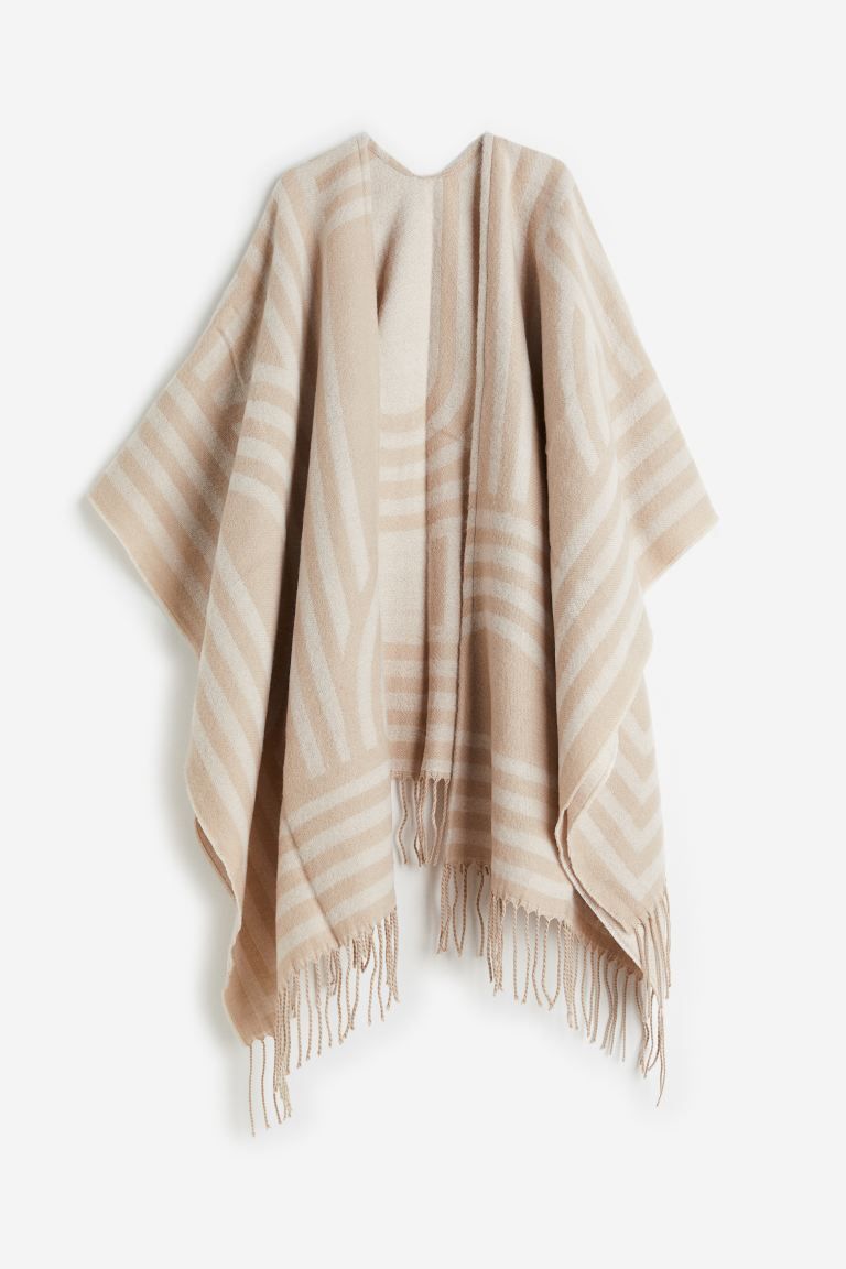 Fringe-trimmed Poncho - Beige/patterned - Ladies | H&M US | H&M (US + CA)