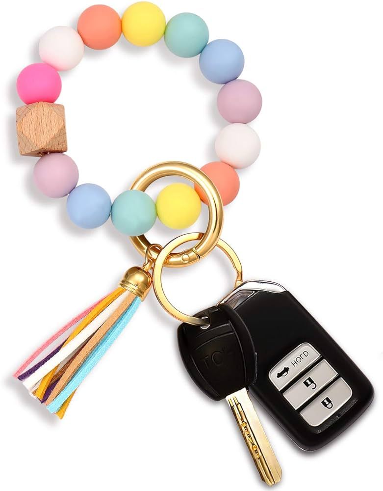 NVENF Silicone Key Ring Bracelet Beaded Wrislet Keychain Portable House Car Keys Ring Holder | Amazon (US)