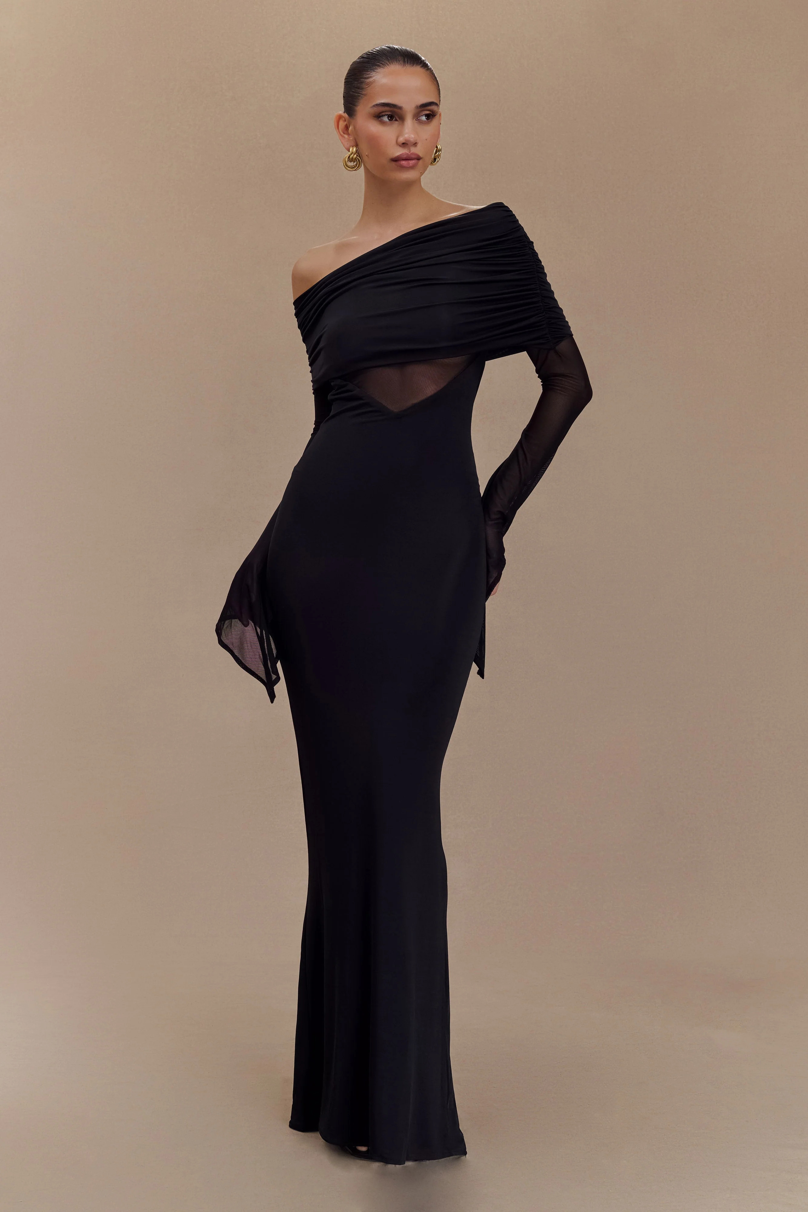 One Shoulder Slinky And Mesh Maxi Dress - Black | MESHKI US