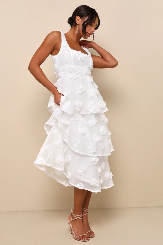 Exceptional Entrance White Sleeveless Tiered Rosette Midi Dress | Lulus