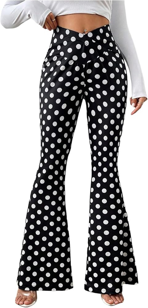 WDIRARA Women's Polka Dots Flare Pants Crossover Waist Bell Bottom Trousers | Amazon (US)