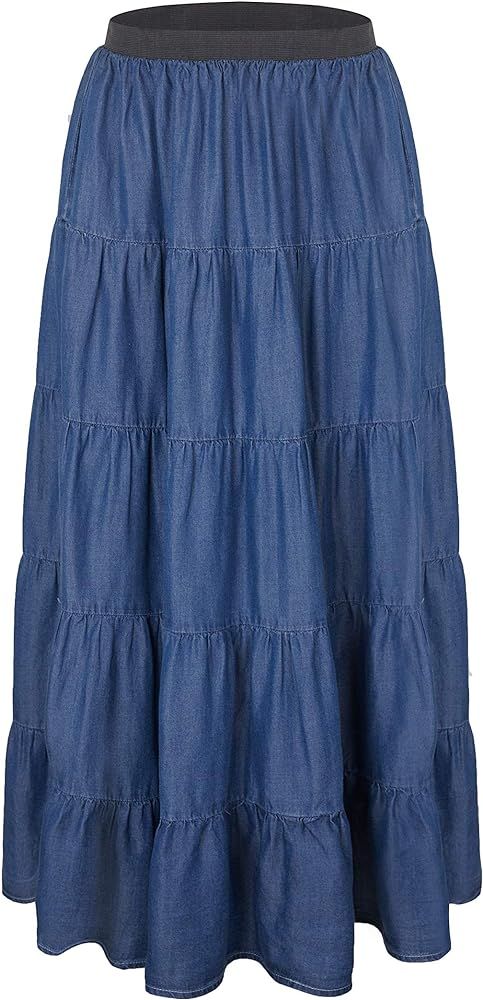 Tronjori Womens A Line Long Lightweight Tencel Denim Tiered Skirt with Multi Layers | Amazon (US)