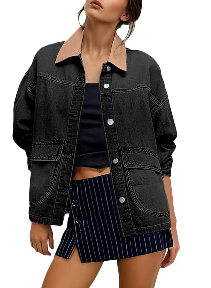 EVALESS Jean Jacket Women Trendy Color Block Denim Jacket Oversized Long Sleeve Button Down Barn ... | Amazon (US)
