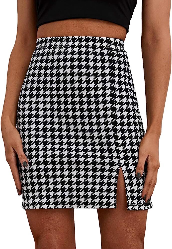 Women's Houndstooth Print Split Front Mid Waist Casual Mini Skirt | Amazon (US)