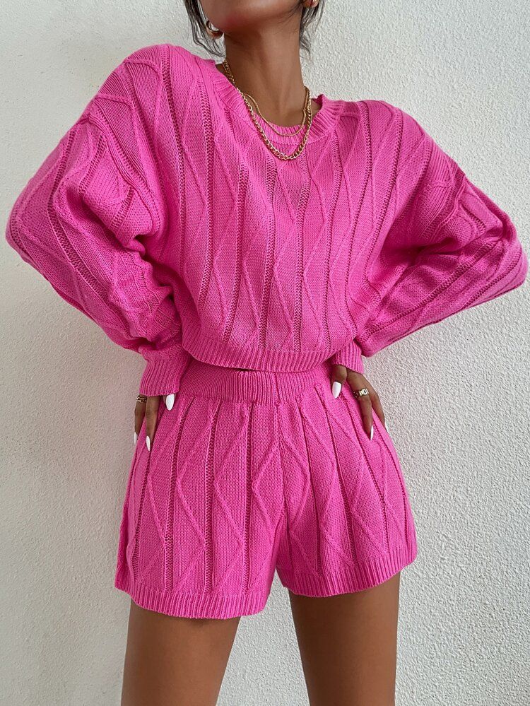 Drop Shoulder Textured Crop Sweater & Knit Shorts Set | SHEIN