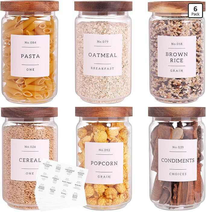 6 Set Glass Pantry Storage Jars with Acacia Airtight Lid - 23oz Thicken Glass Kitchen Canisters w... | Amazon (US)